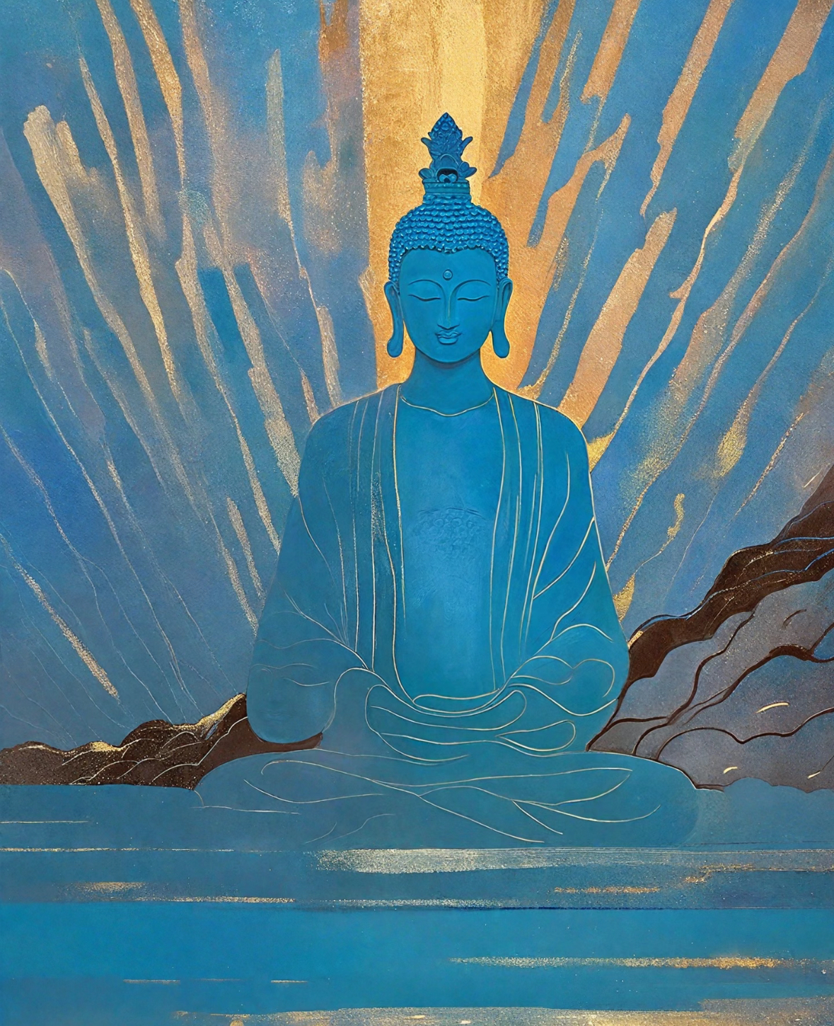 Blue meditating Buddha with golden background, symbolizing transcendence and liberation